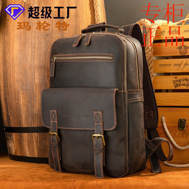 ㊣欧美新款疯马皮商务电脑双肩包男包户外旅行包复古真皮男士包