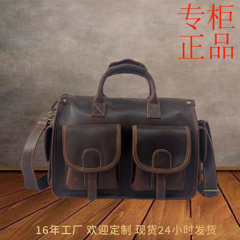 ㊣真皮男士斜挎包14寸电脑包手提高级感头层疯马牛皮男包休闲包