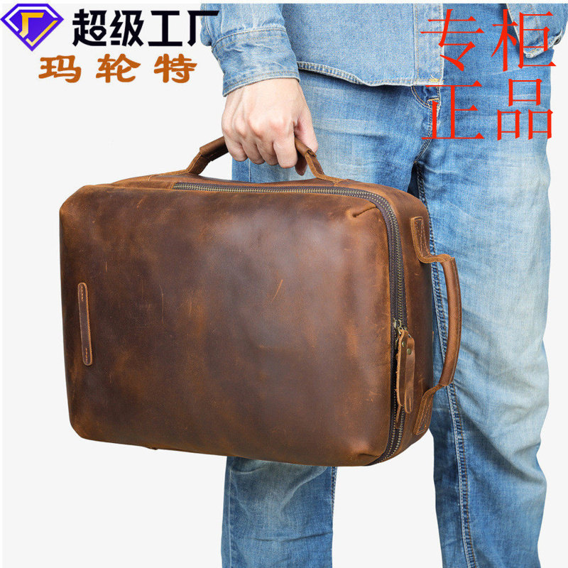 ㊣玛轮特真皮双肩包男士大容量休闲电脑包疯马皮书包旅行牛皮背包