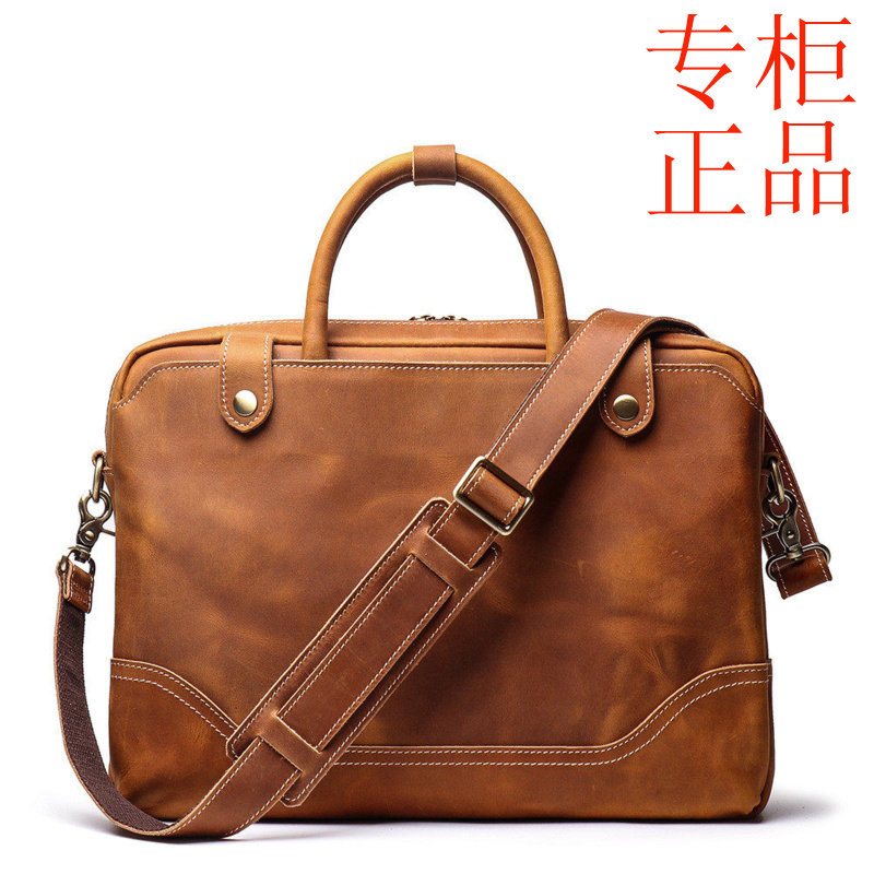 ㊣新品男士手提公文包头层牛皮单肩斜跨包休闲复古14寸真皮女电脑