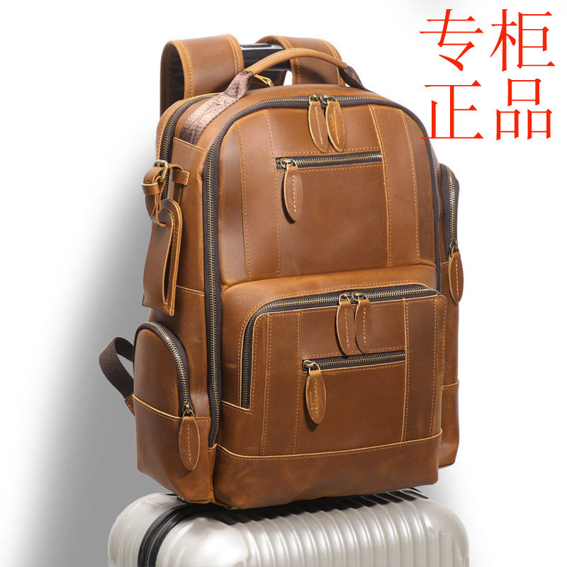 ㊣欧美复古真皮双肩包穿拉杆箱多功能旅行背包疯马皮大容量电脑包