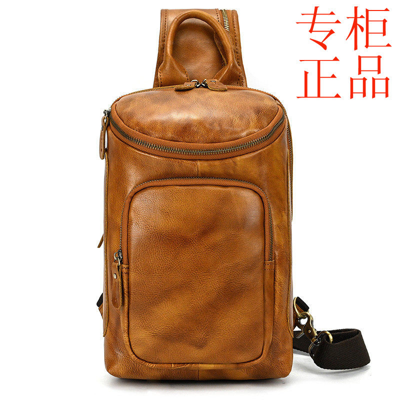 ㊣新款男士真皮胸包复古树膏皮单肩包头层牛皮大容量斜挎包一件代