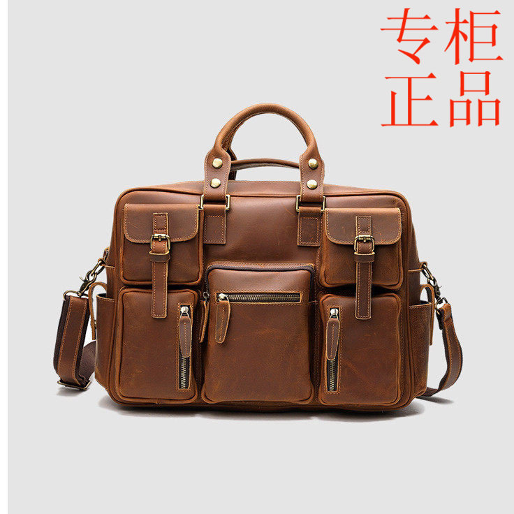 ㊣真皮公文包头层牛皮男包单肩斜挎手提包大容量旅行包出差多口袋