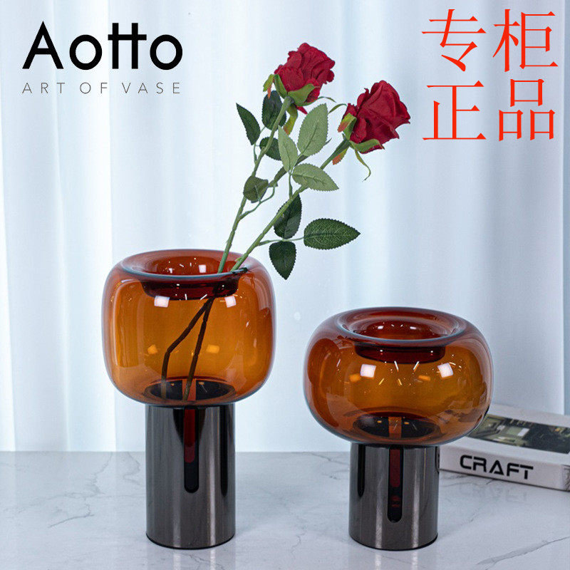 ㊣轻奢艺术创意玻璃花瓶铁框圆筒底座插花瓶餐桌软装饰品摆件花器