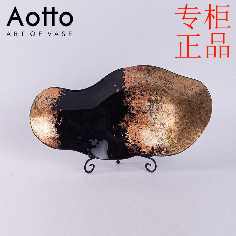 ㊣艺术感黑金渐变玻璃摆件多用托盘挂盘糖果盘轻奢风家居软装装饰