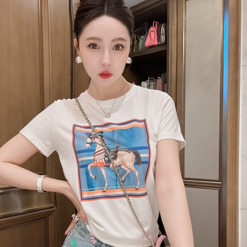 轻奢重工小马短袖T恤烫钻时尚气质日常百搭高级短袖纯棉 显瘦上衣