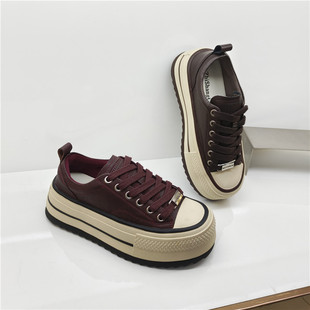 真皮松糕厚底洋气安哥拉红板鞋 女2025新秋百搭休闲运动增高面包鞋