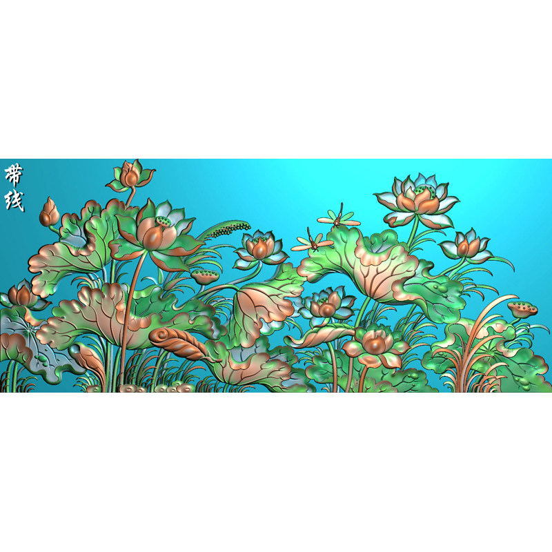 精雕图jdp荷叶木雕灰度图bmp花草浮雕雕刻荷叶蜻蜓荷花挂屏带线