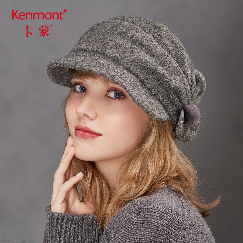 卡蒙纯色绵羊毛呢复古贝雷帽女秋冬平顶鸭舌帽时尚水貂毛球帽5004