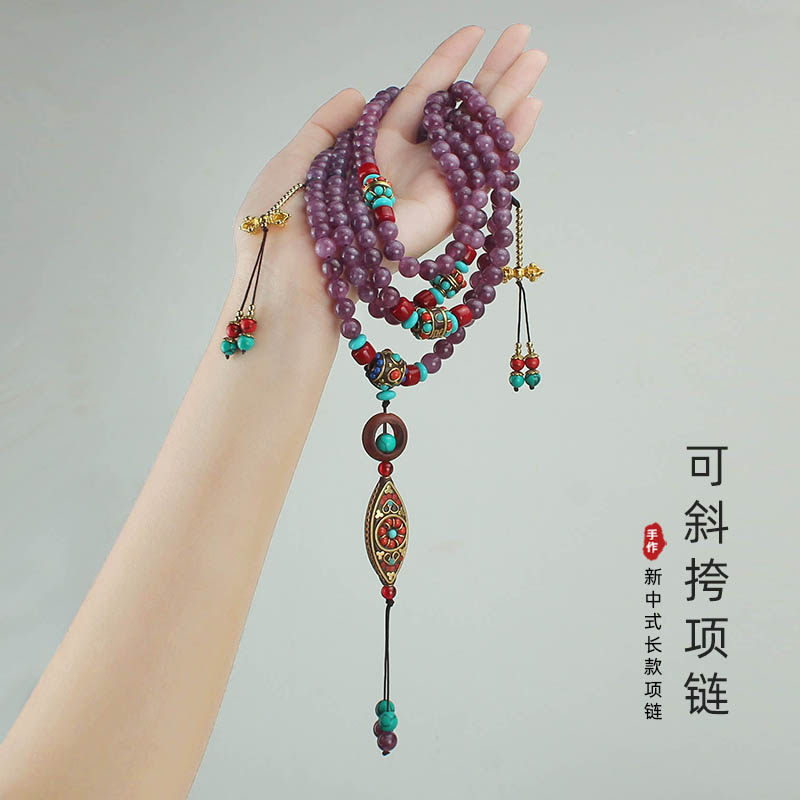 复古典雅紫色长款国风斜挎链中式流苏背背项链百搭民族风汉服配饰