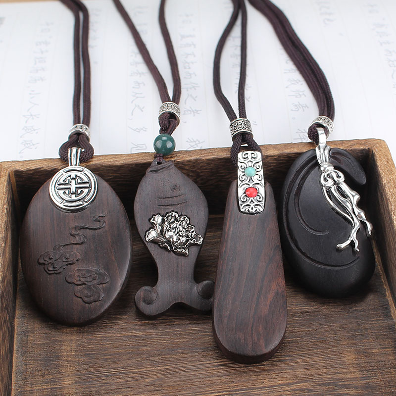 简约民族风黑檀木吊坠长款毛衣链文艺复古项链女气质百搭衣服配饰