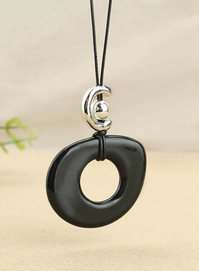 黑绳长款项链小众高级感镂空黑色平安扣吊坠百搭2024毛衣链配饰女
