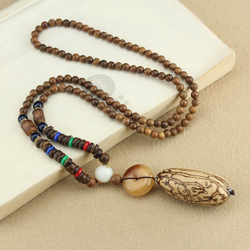 民族风复古菩提项链男女长款木质吊坠毛衣链简约百搭衣服挂件配饰