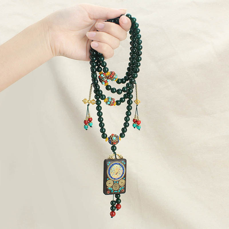 长款国风绿玛瑙串珠斜挎链女藏式唐卡吊坠中式背背项链百搭民族风
