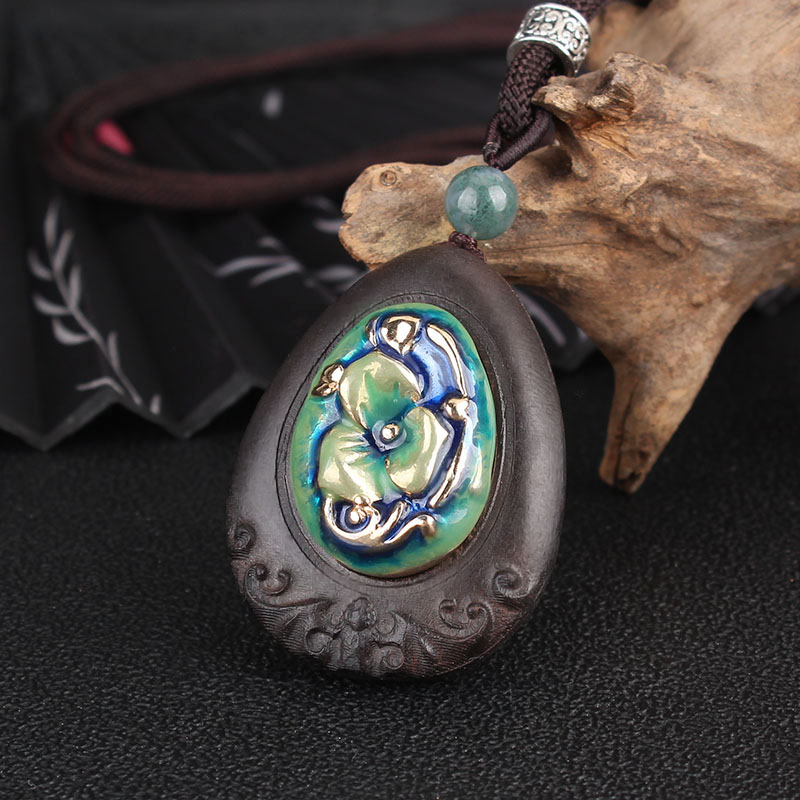 民族风景泰蓝黑檀木毛衣链男女百搭棉麻配饰长款项链衣服挂件饰品