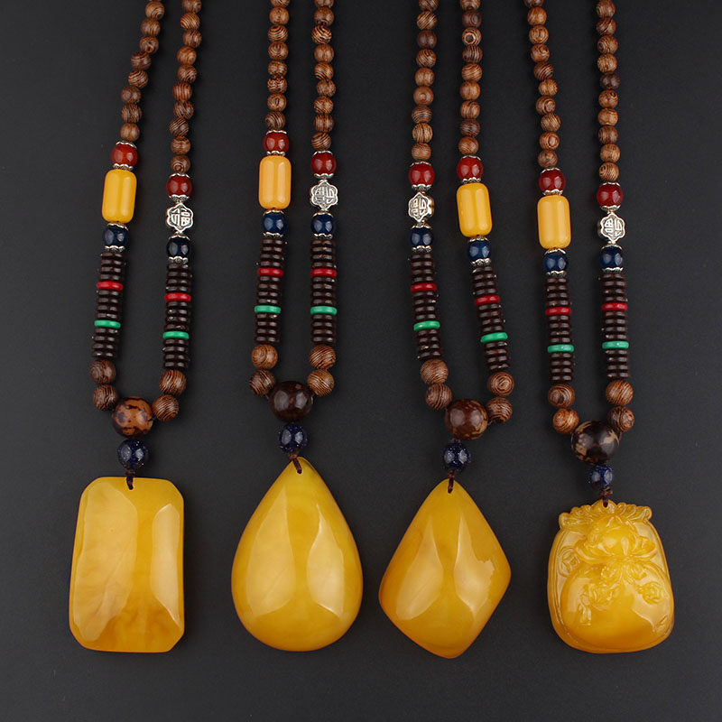复古民族风项链仿蜜蜡吊坠毛衣链长款百搭大气衣服挂件配饰男女