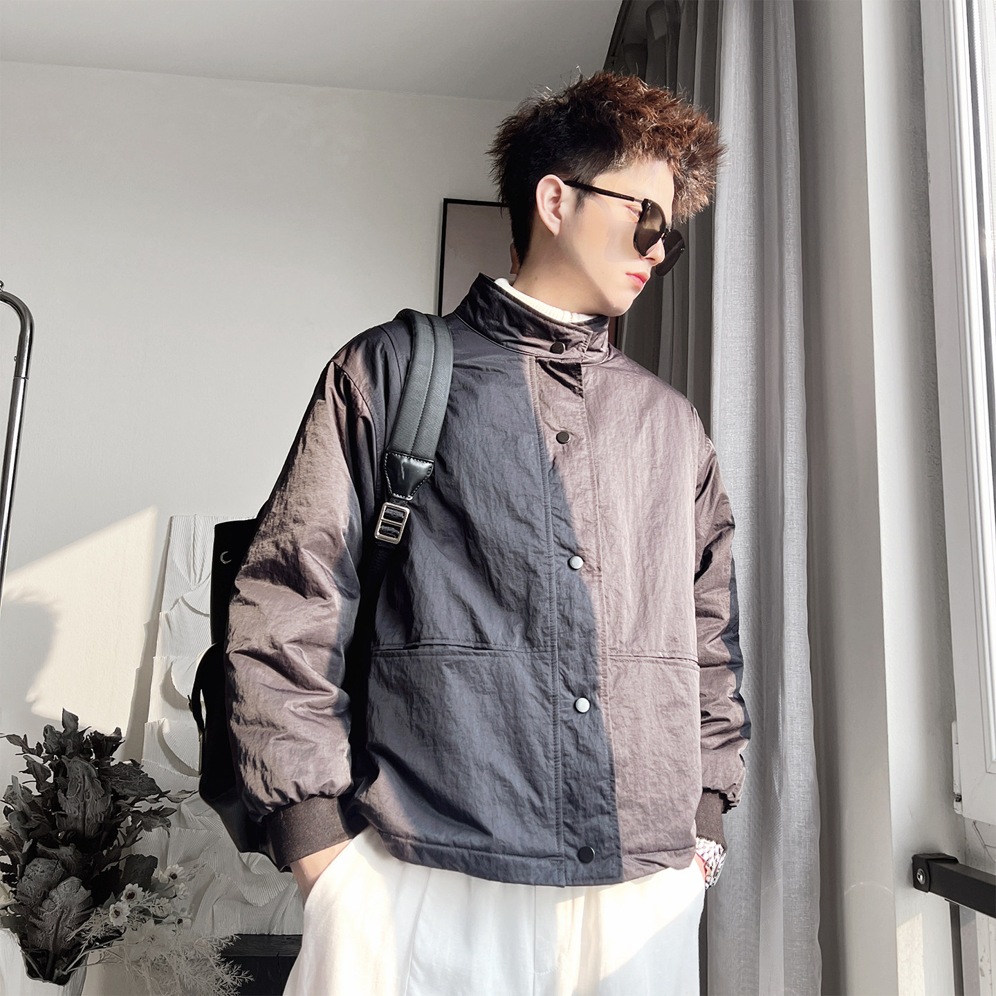 Y150-M-XL-P128控178聚酯纤维日系褂子风短款绗棉棉衣廓形,男装棉衣,电商A216