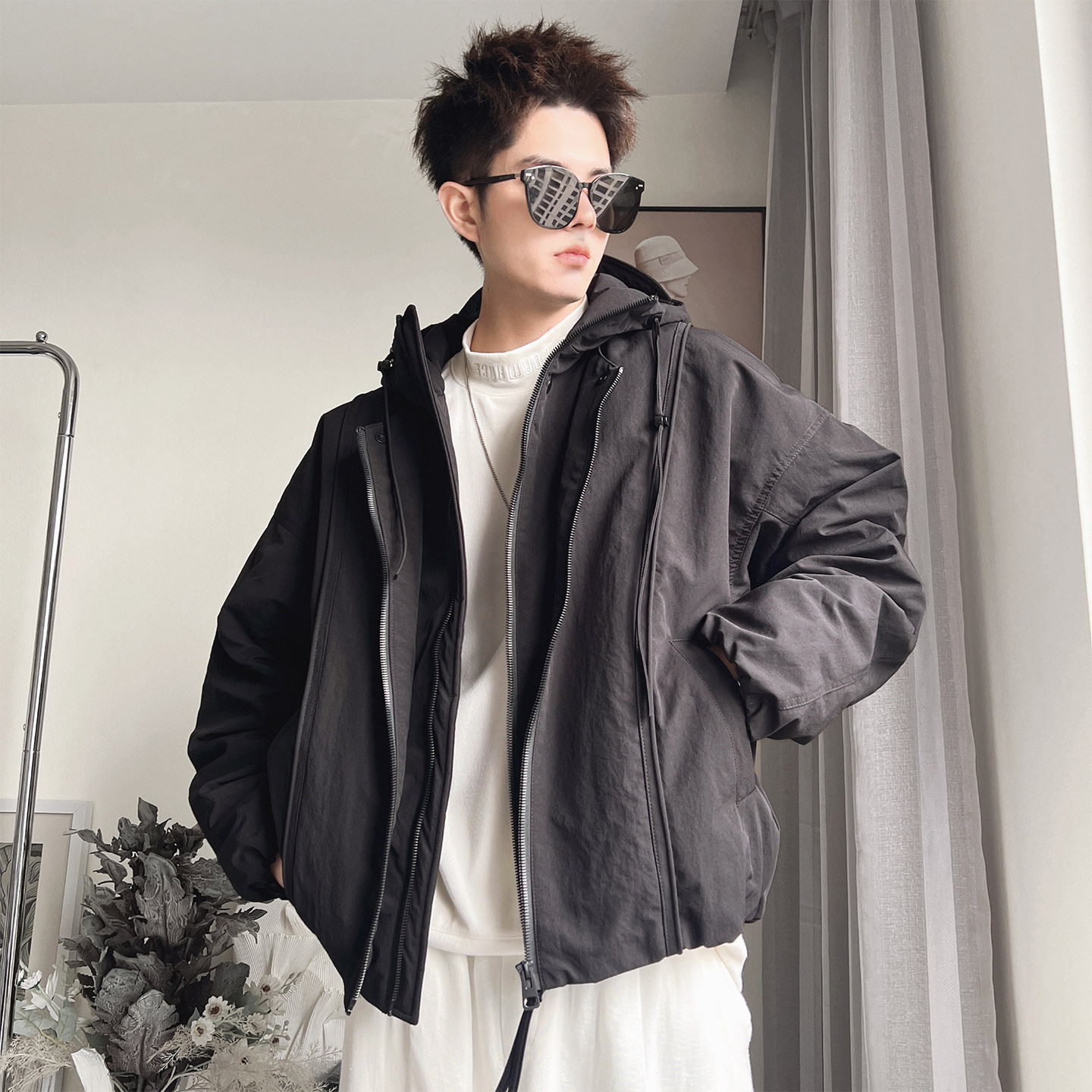 Y135-P328-聚酯纤维90绒（50-100克）假两件双层门襟连帽羽,男装卫衣,电商A216