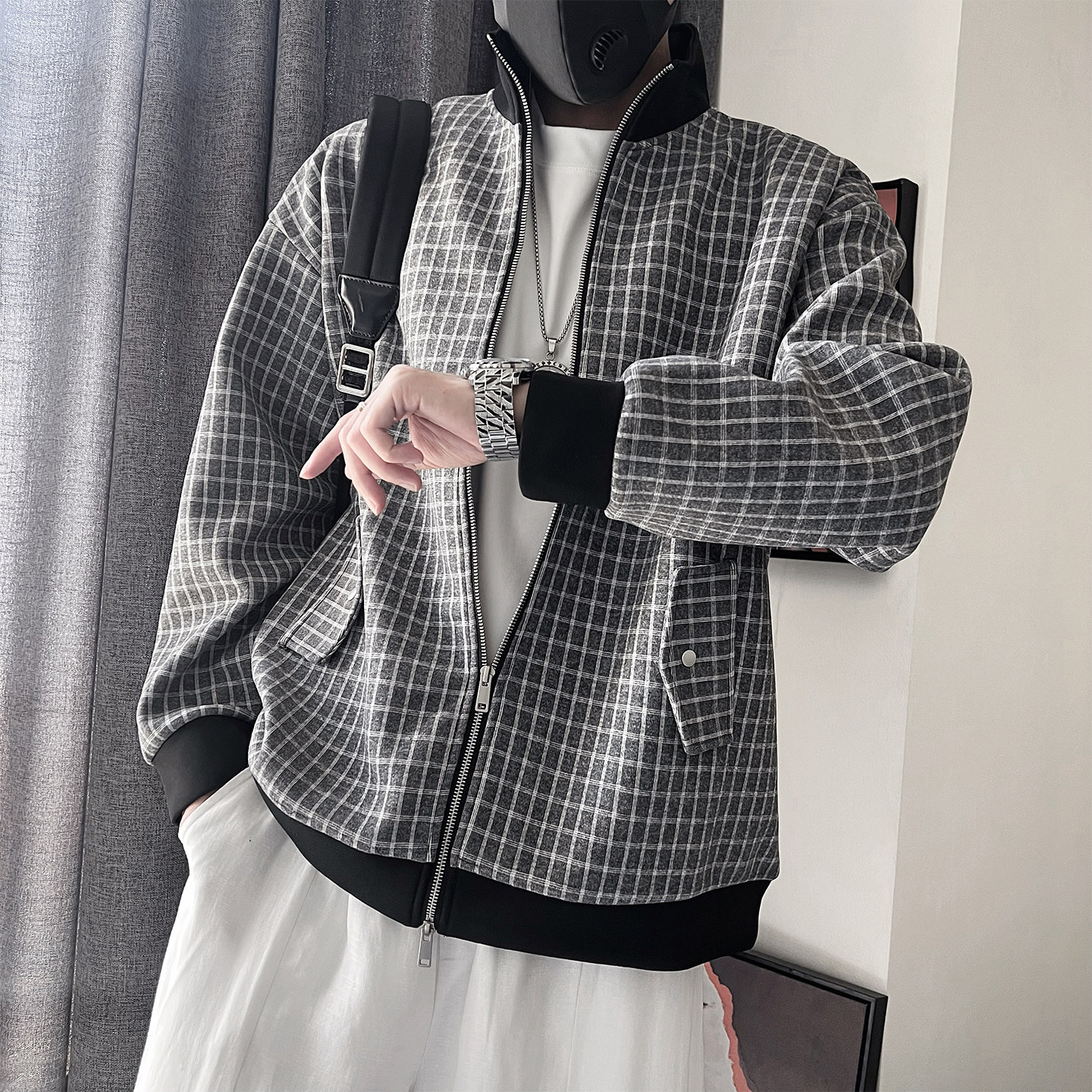 WT77-特108-控148M-3XL90%涤纶10%氨纶立领格子绒布卫衣面料外套,女装短外套,电商A216