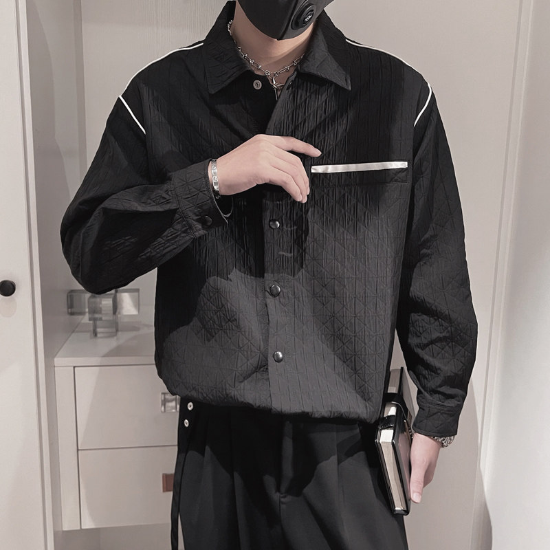 CS36-P88 控118 秋季新款长袖衬衣男宽松社会小伙外穿衬衫上衣黑图片