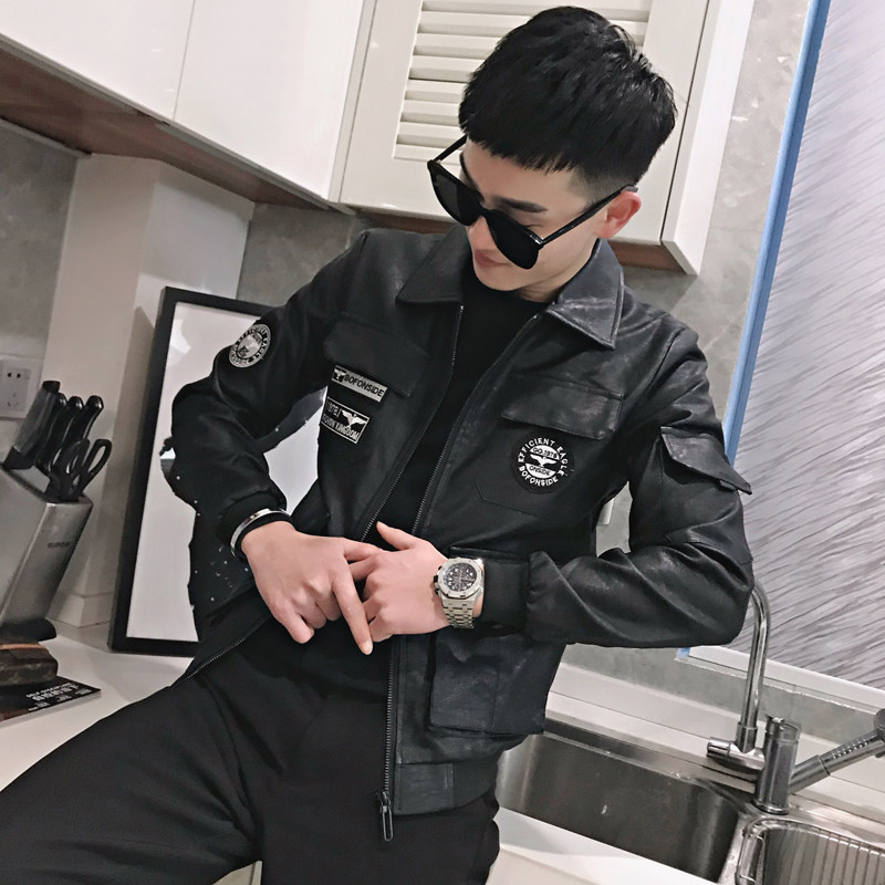 J32-P118-控158 2023秋冬延续款修身社会小伙夹克贴标皮衣男图片