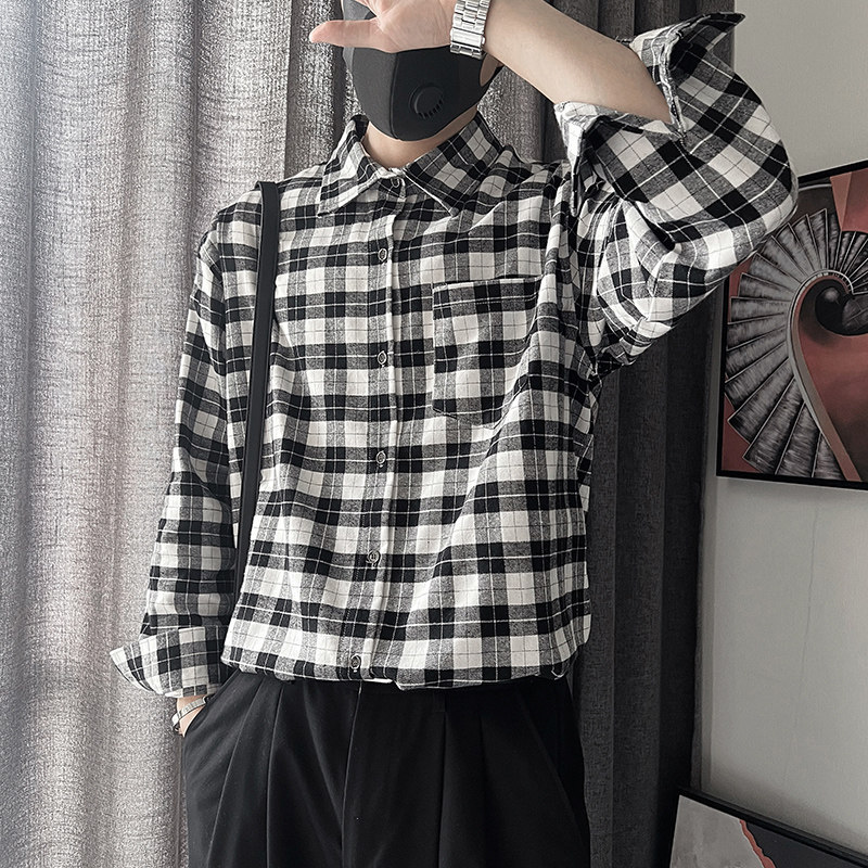 CS66-M-3XLP68控9895%棉5%聚酯纤维经典黑白方格衬衣反扣微阔版,男装衬衫,电商A216