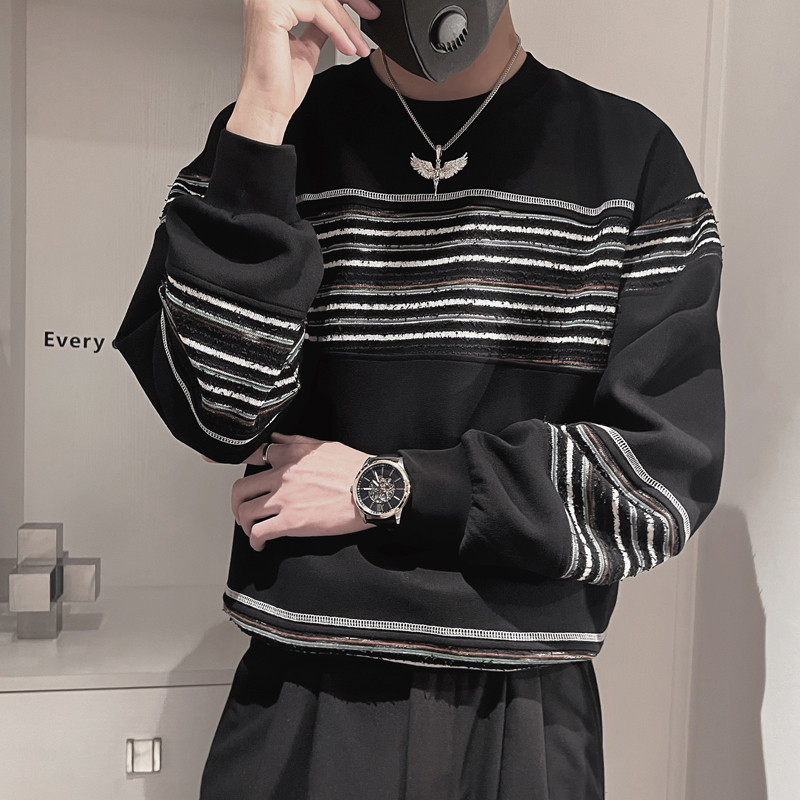 WY153-P68控982023秋季圆领条纹套头宽松卫衣社会小伙拼接卫衣，男装卫衣，电商A216