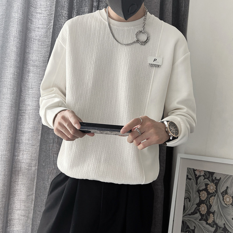 WY157-P68控98元秋季男士上衣长袖休闲圆领拼接套头衫卫衣黑,男装卫衣,电商A216