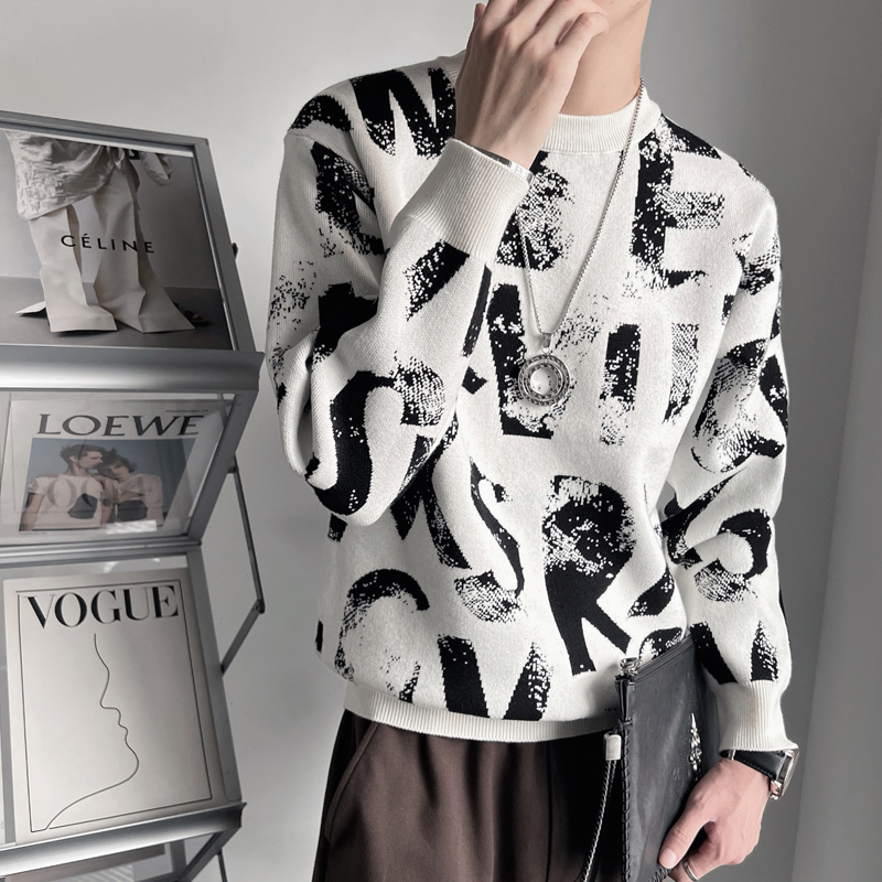 MX110-P88-控1182023冬季新款男士宽松套头涂鸦针织衫毛衣白主2，男装针织衫/毛衣，电商A216