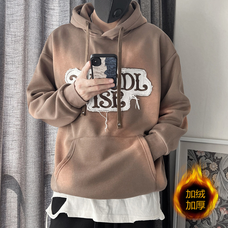 WY180-P98控1382023冬季加绒加厚重磅做旧水洗美式复古卫衣男黑,男装卫衣,电商A216