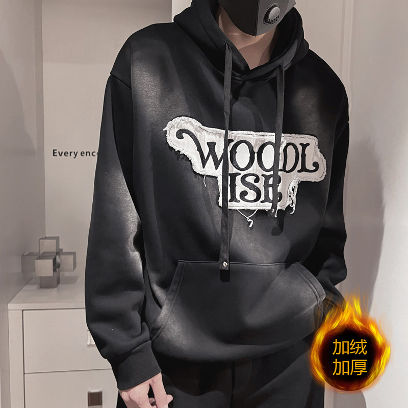 WY180-P98控1382023冬季加绒加厚重磅做旧水洗美式复古卫衣男黑,男装卫衣,电商A216