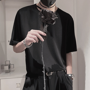 X110-P45 控69 夏季男士设计感宽松纯色圆领打底衫体恤衫半袖T图片