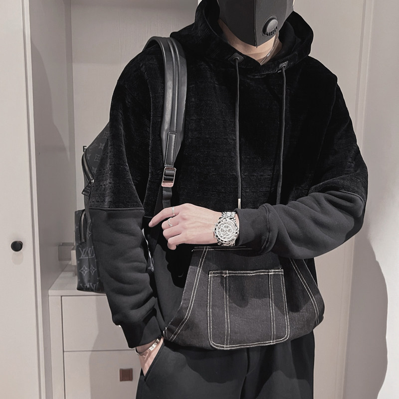 WY196-P98 控138 连帽卫衣秋冬季宽松休闲拼色复古男士加厚外套潮图片