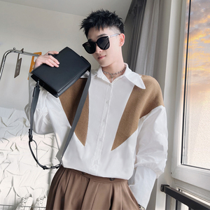 CS22-P68-控98 2023秋季新款高级痞帅简约小伙风拼色长袖衬衣男咖图片