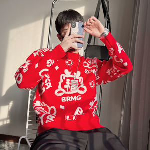 MX138-P88 控118 新年款情侣男女同款秋冬款针织衫红色黑色毛衣图片