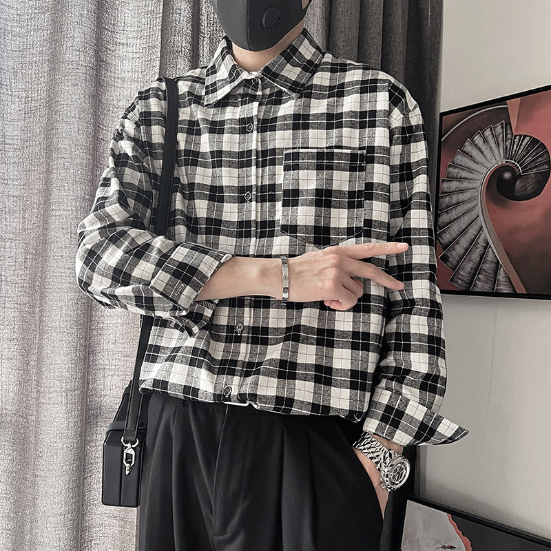 CS66-M-3XL P68控98 95%棉5%聚酯纤维经典黑白方格衬衣反扣微阔版图片