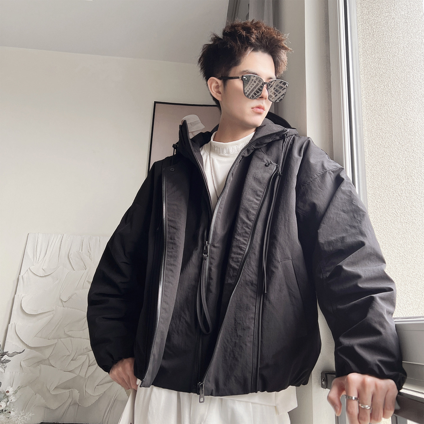 Y135-P328-聚酯纤维90绒（50-100克）假两件双层门襟连帽羽，男装卫衣，电商A216