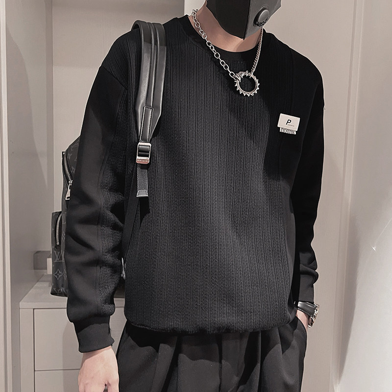 WY157-P68控98元秋季男士上衣长袖休闲圆领拼接套头衫卫衣黑,男装卫衣,电商A216