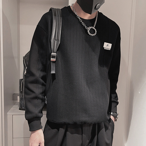 WY157-P68 控98元 秋季男士上衣长袖休闲圆领拼接套头衫卫衣黑图片