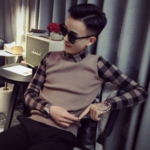 G58-P75 2023秋冬延续款毛衣男社会小伙格子袖POLO领打底针织衫图片