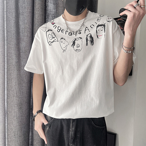 D105-P58-78-M-3XL-P  95%棉 5%聚酯纤维 抽象厚印花环领短袖 双图片