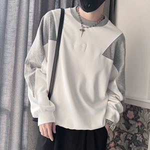 WY123-P68 控98 秋季拼色宽松套头圆领长袖社会小伙痞帅男卫衣灰图片