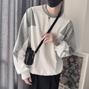 WY123-P68 控98 秋季拼色宽松套头圆领长袖社会小伙痞帅男卫衣灰图片