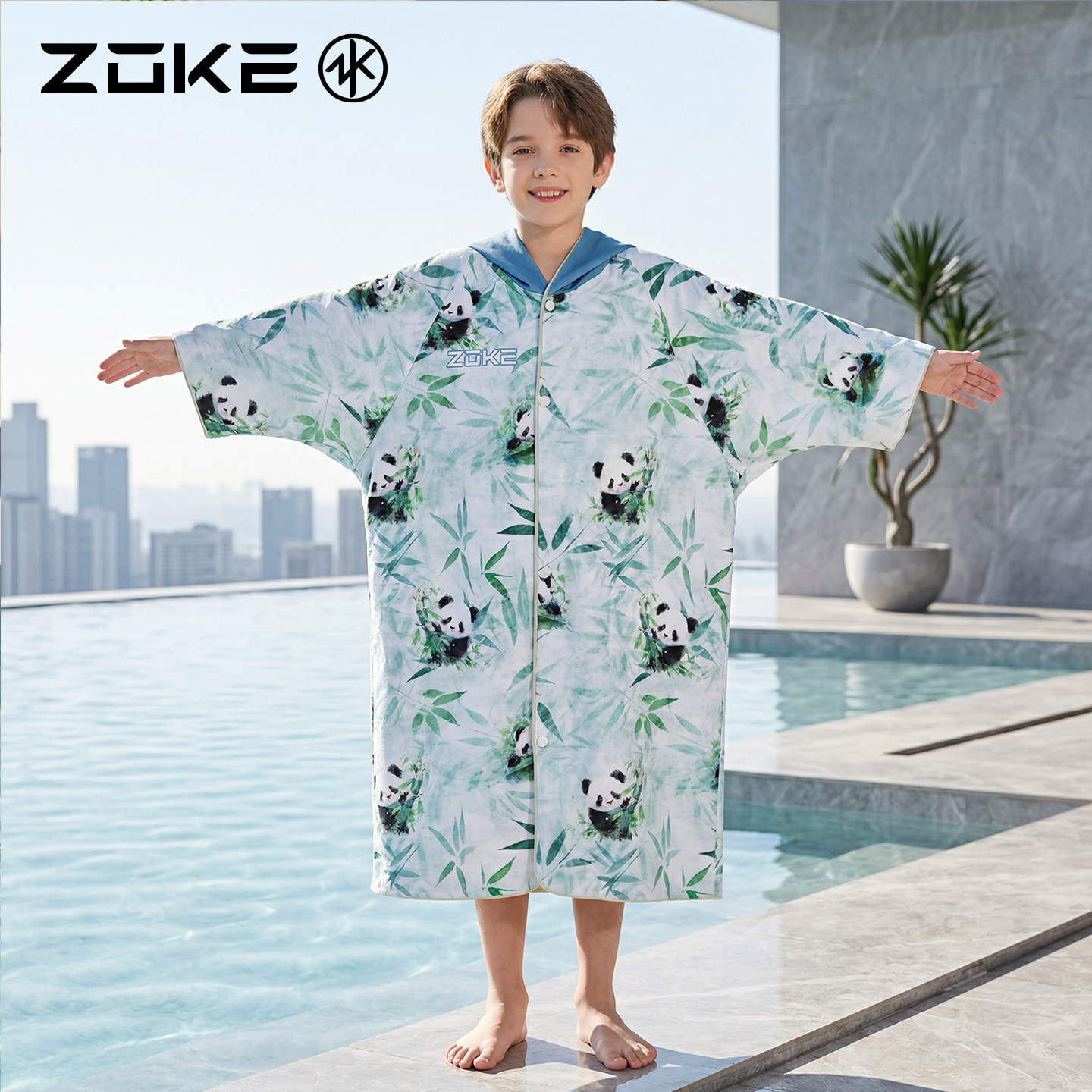 洲克儿童浴袍开衫防晒保暖游泳吸水速干zoke熊猫浴巾温泉度假毛巾