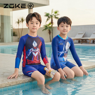 速干度假套装 洲克男童泳衣分体长袖 防晒游泳训练zoke奥特曼五分裤