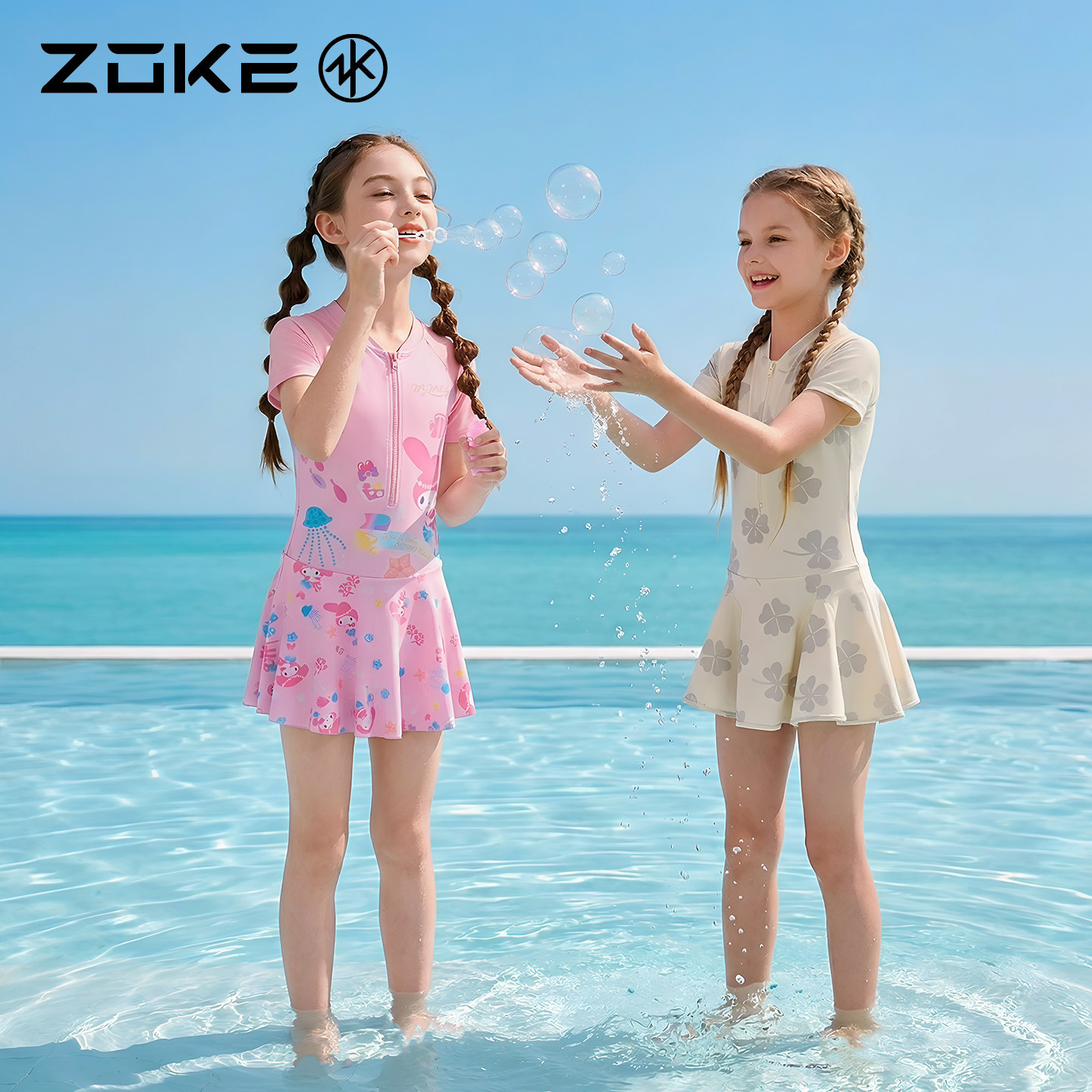 洲克儿童泳衣连体裙摆平角防晒戏水zoke美乐蒂女孩速干游泳公主裙