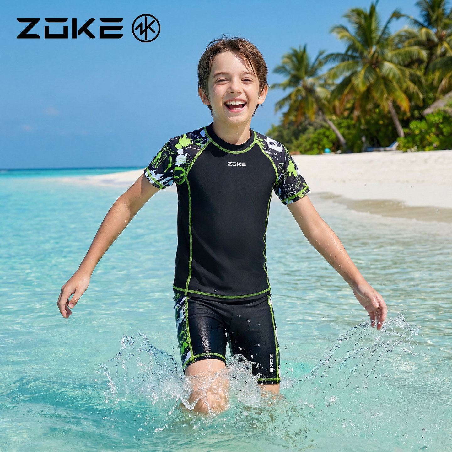 洲克儿童泳衣分体短袖防晒游泳训练zoke男童速干度假戏水中小童