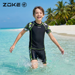 洲克儿童泳衣分体短袖 防晒游泳训练zoke男童速干度假戏水中小童