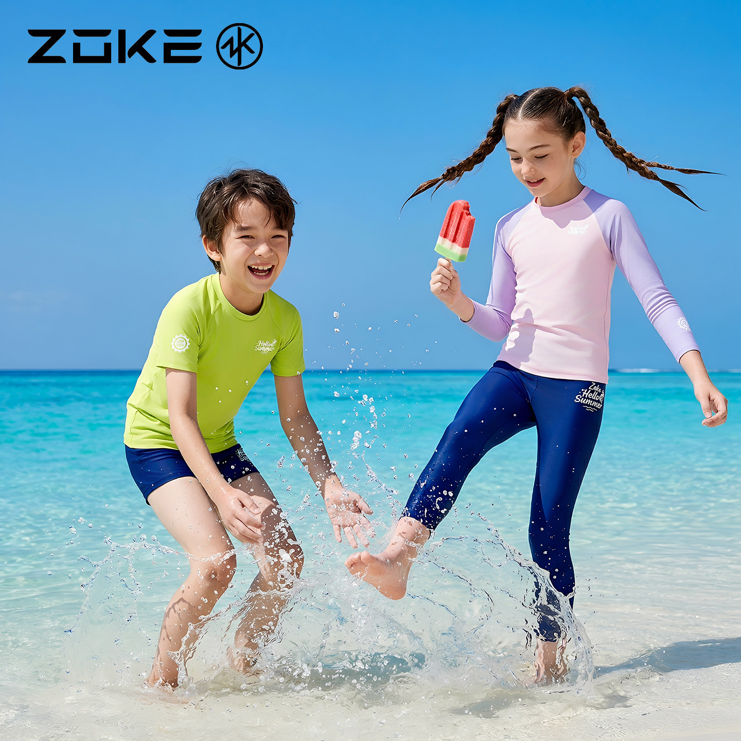 洲克儿童防晒泳衣分体短袖速干zoke男童长裤学生度假戏水沙滩泳装