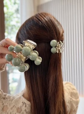 绿色珠珠发夹女后脑勺盘发抓夹2026新款半扎发鲨鱼夹发卡夹子头饰